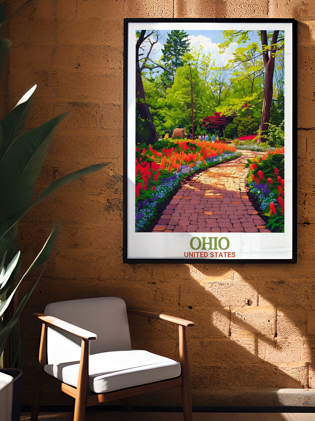 Ohio state travel poster featuring both the Cincinnati Zoo & Botanical Garden and the citys skyline. This print blends the best of Ohios urban and natural attractions, offering a unique and detailed look at the states landmarks. Available as a digital download or framed art, perfect for home or office décor.