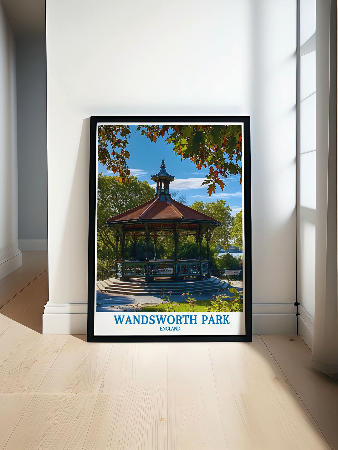Featuring the iconic bandstand of Wandsworth Park, this travel poster beautifully illustrates the parks historical significance and scenic beauty. Ideal for those who appreciate fine art and the serene charm of Londons parks, this artwork brings a piece of Wandsworths rich heritage into your living space, offering a glimpse into the past.