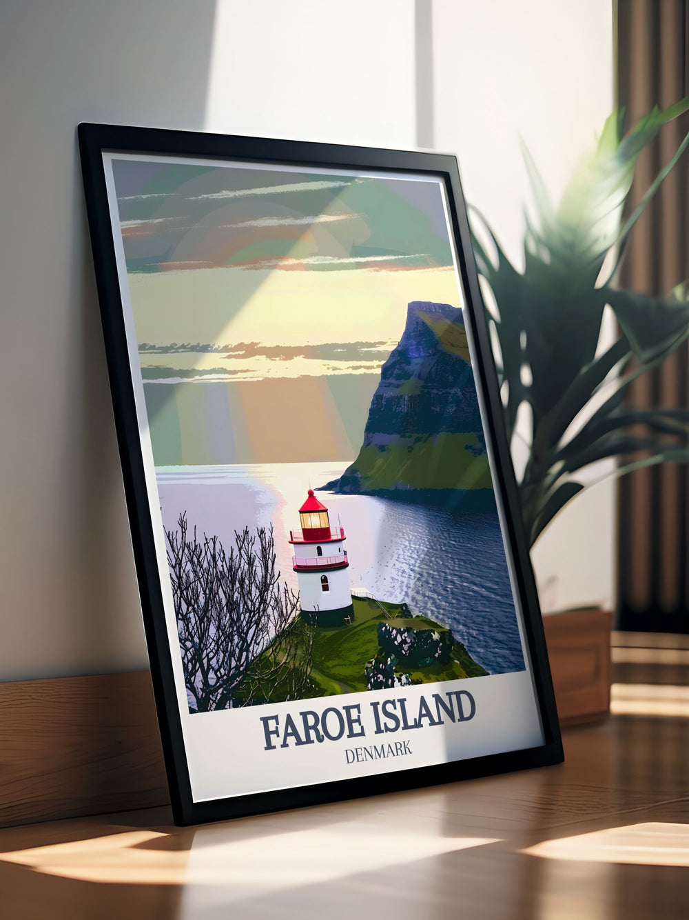 Atlantic Ocean Kallur Lighthouse on Faroe Island creates a stunning centerpiece in this modern art print. The majestic cliffs and serene ocean views make it an ideal decor piece for living rooms or as a gift for lovers of Denmark and the Faroe Islands.