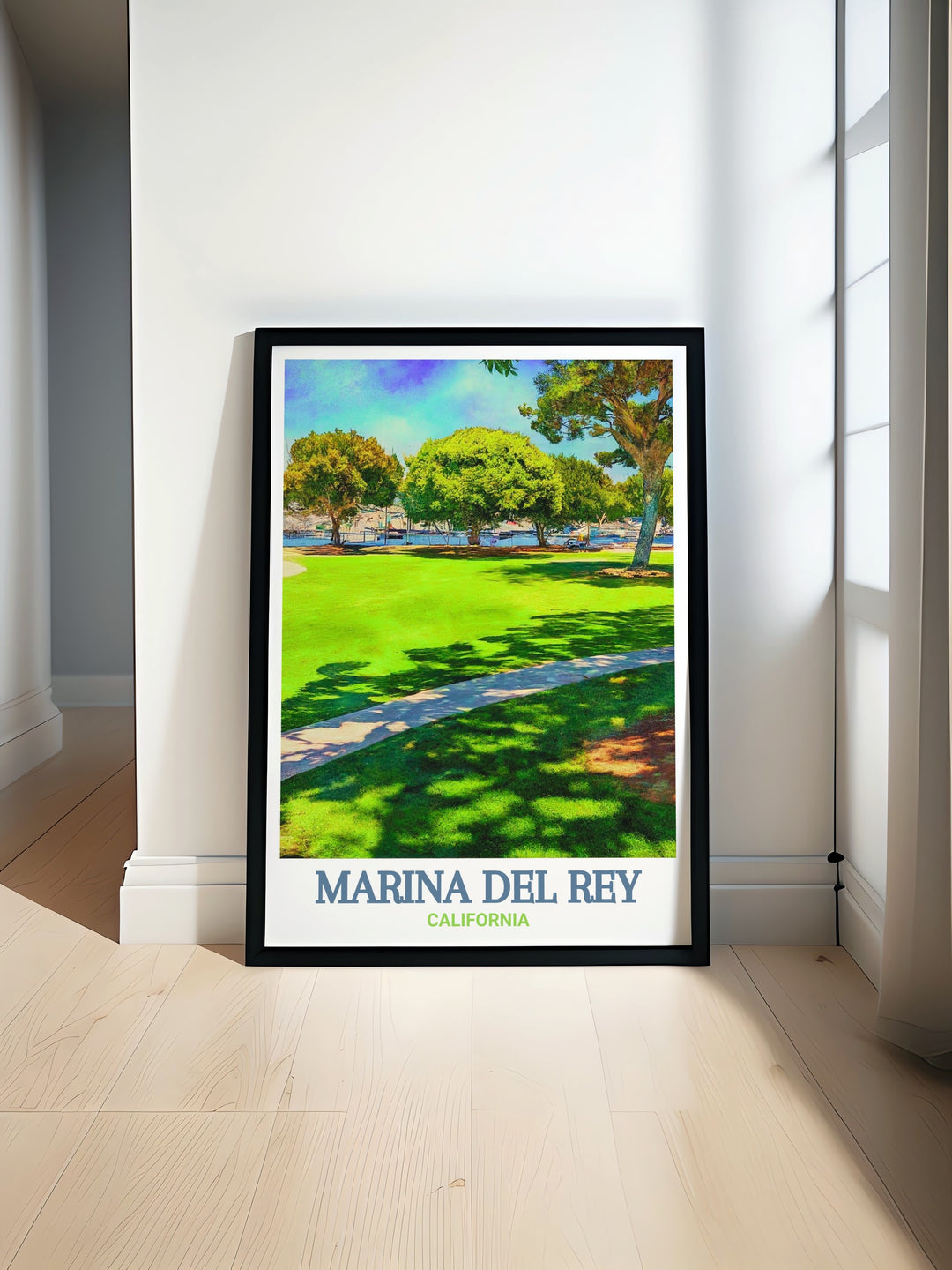 Colorful Marina del Rey wall art with vibrant city street map. This fine line art print features intricate details perfect for enhancing your space. Includes a stunning depiction of Burton W. Chace Park ideal for Marina del Rey decor and gifts for any occasion.