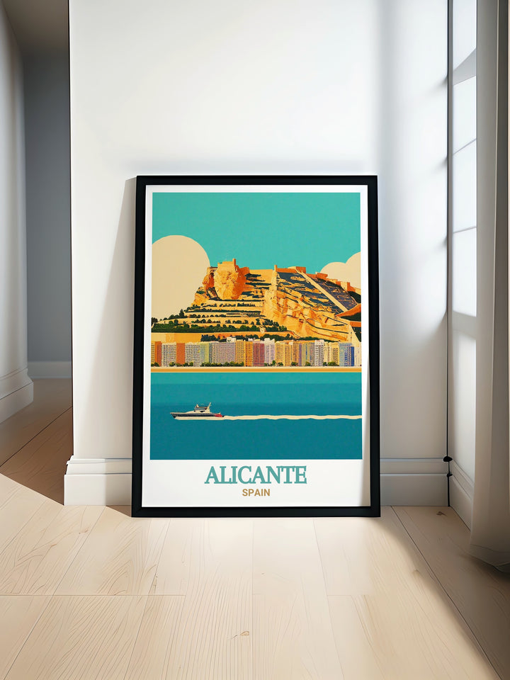 Alicante art print of Castillo de Santa Bárbara, capturing the fortresss historical significance and breathtaking views. This poster is designed to bring a sense of history and architectural grandeur to your home decor, celebrating Alicantes rich heritage and the beauty of the Costa Blanca.