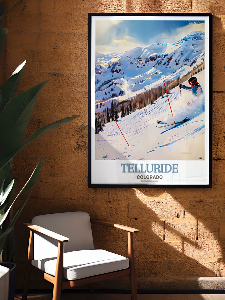 A detailed art print of Telluride Ski Resort that captures the beauty of Colorados famous slopes and village. This poster brings a touch of adventure and nature into your home or office.