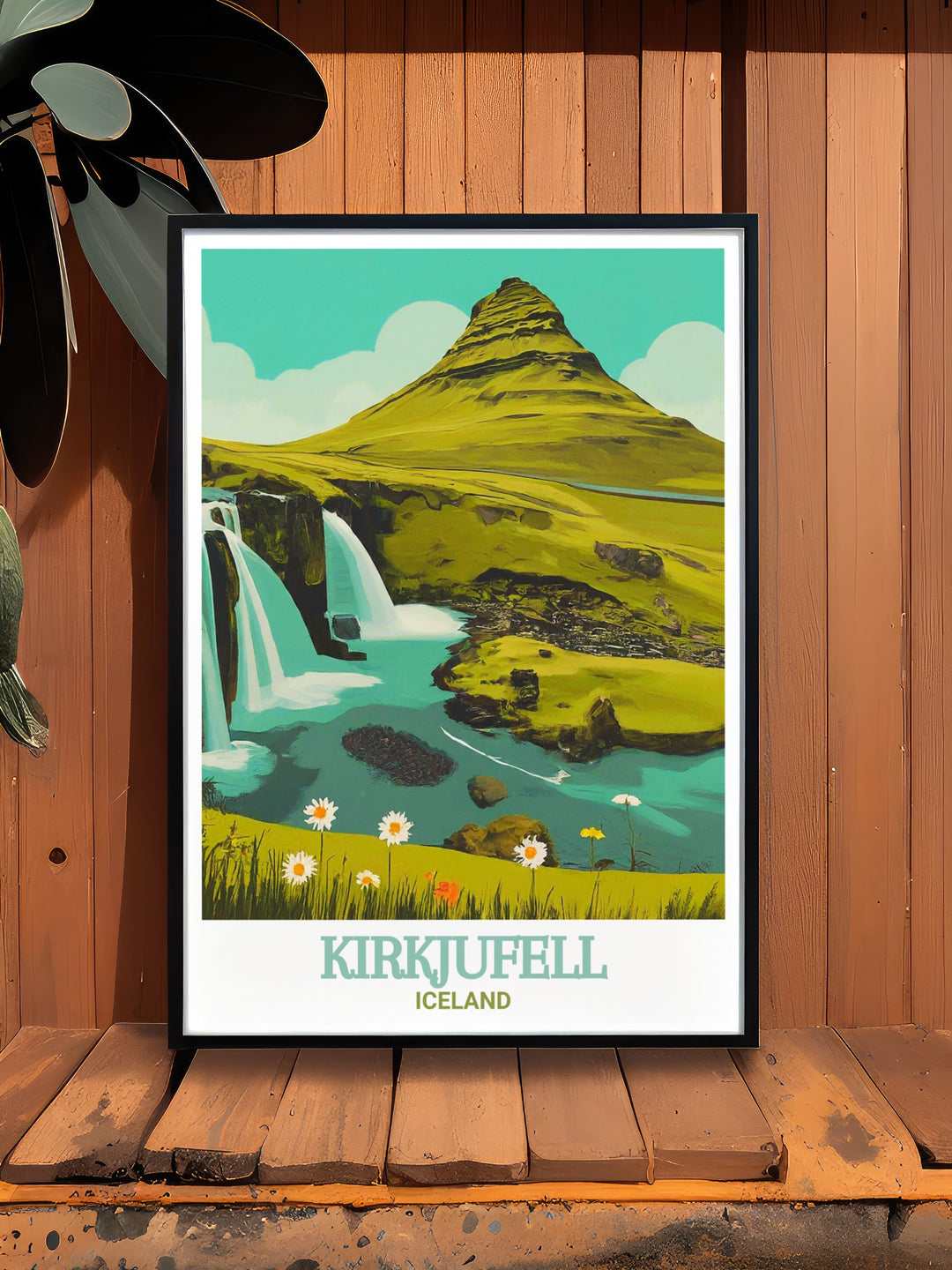 Iceland Wall Print showcasing the striking contrast of Icelands landscapes, with Kirkjufells sharp peak set against the gentle cascade of Kirkjufellsfoss. This wall print is designed to bring the stunning beauty of Icelands natural scenery into any interior space, making it perfect for those who appreciate bold and dramatic artwork.