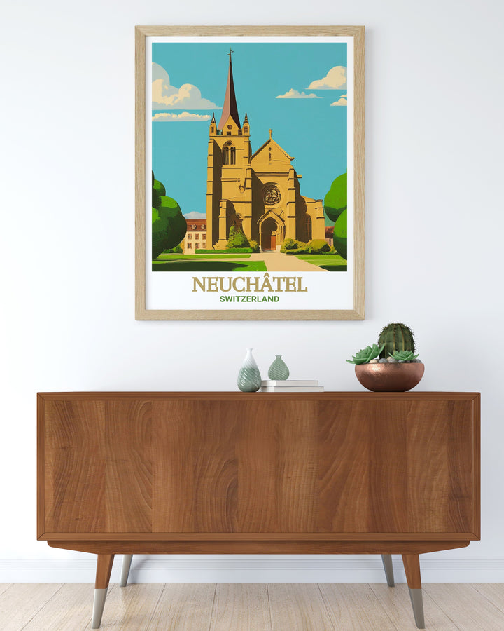 Capture the serenity of Lake Neuchatel with this France wall art featuring La Collegiale Church. The perfect travel print for any space, this modern art poster offers stunning living room decor inspired by French nature and historical architecture.