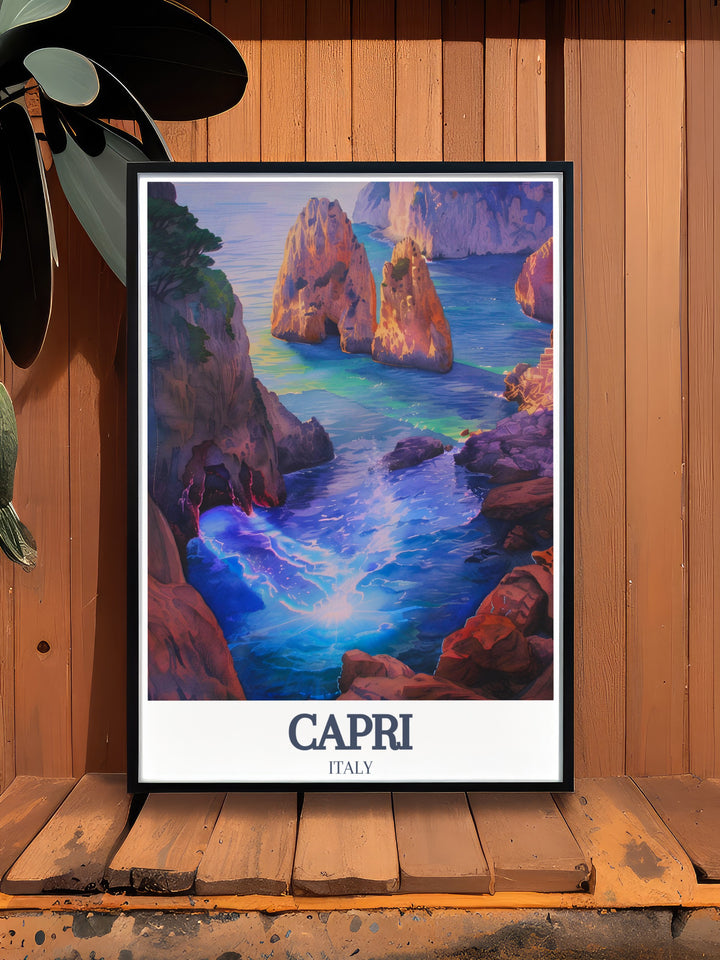 Modern framed art print of Capri Island with Faraglioni Rocks Blue Grotto and botanical garden designs Perfect for enhancing any living room or hallway with a touch of Mediterranean charm