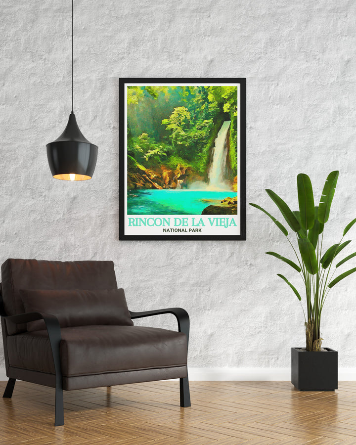 This La Cangreja Waterfall poster print captures the serene beauty of Costa Rica making it an ideal choice for those looking to add a touch of nature to their decor perfect for gifts or enhancing your living room with the vibrant greens of Rincon De La Vieja.