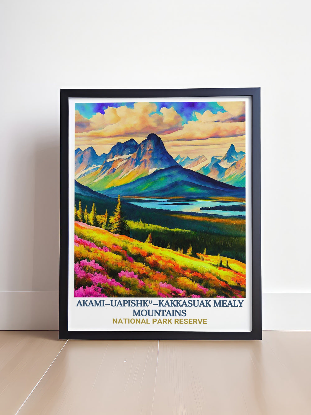 This travel poster captures the untamed beauty of Akami−Uapishkᵘ−KakKasuak Mealy Mountains National Park in Newfoundland. It brings the vast wilderness of the Mealy Mountains and Lake Melville into focus, ideal for nature lovers seeking stunning wall art.