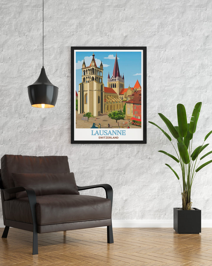 Elevate your decor with this travel print of Lausanne Cathedral, capturing the intricate details and historic significance of one of Switzerlands most beloved landmarks.