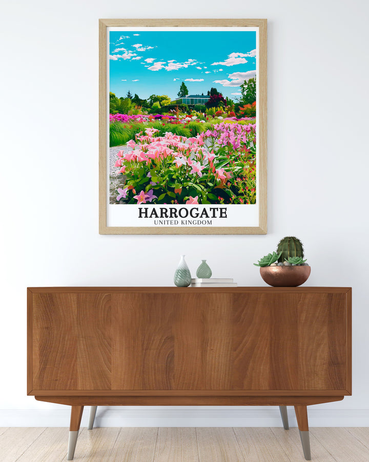 Stunning Harrogate Print with a focus on Harlow Carr Gardens Beckwithshaw. This Yorkshire Print brings timeless charm into your living space. A beautiful way to incorporate Yorkshire Decor into your home while celebrating Harrogates iconic beauty.