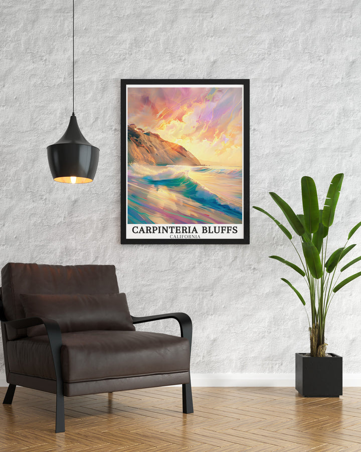 This art print of Carpinteria Bluffs Nature Preserve and Carpinteria State Beach offers a glimpse into Californias stunning landscapes perfect for enhancing your home decor with a touch of coastal beauty that celebrates California travel and nature