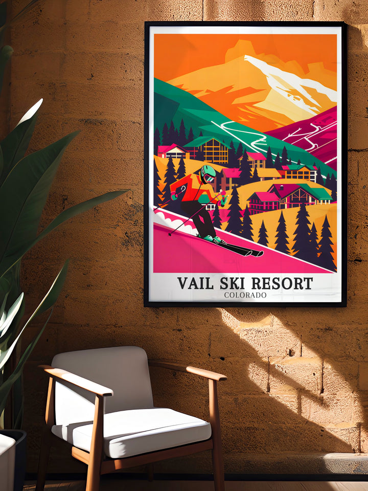 Experience the thrill of skiing at Vail Ski Resort with this beautifully detailed travel print. Featuring the Birds of Prey course and Golden Peak, this artwork showcases the excitement of one of Colorados most famous ski destinations. A must have for skiers and travelers alike.