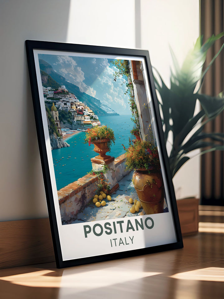 Positano Wall Art featuring Via Positanesi d America a picturesque scene of Italys famous coastal town perfect for home decor enhancing the aesthetic of any room with vibrant colors and stunning views of the Amalfi Coast ideal for travel lovers and art enthusiasts