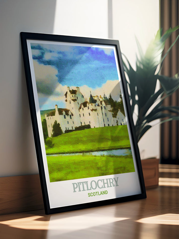 Scotland canvas art showcasing the majestic Blair Castle and the surrounding Highlands, encapsulating the spirit of Scotlands rugged beauty. This travel poster adds a touch of Scottish charm to any room, making it an ideal piece for your home decor.