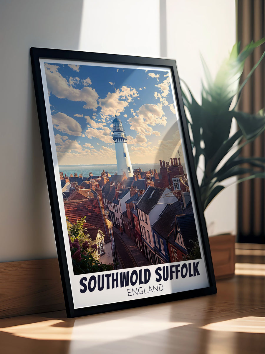 Vintage Travel Print of Southwold showcasing the beautiful SouthwoldLighthouse along with colorful beach huts and the charming pier an excellent addition to any home or office space bringing the tranquility of seaside living into your environment