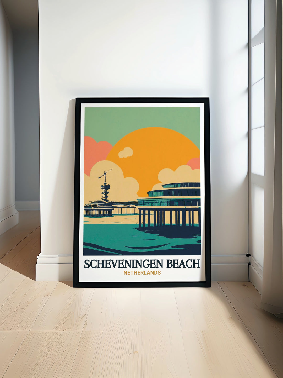 A charming art print of Scheveningen Beach, Netherlands, illustrating the tranquil seaside atmosphere and the famous pier. This piece is ideal for enhancing your home decor with a touch of Dutch elegance.