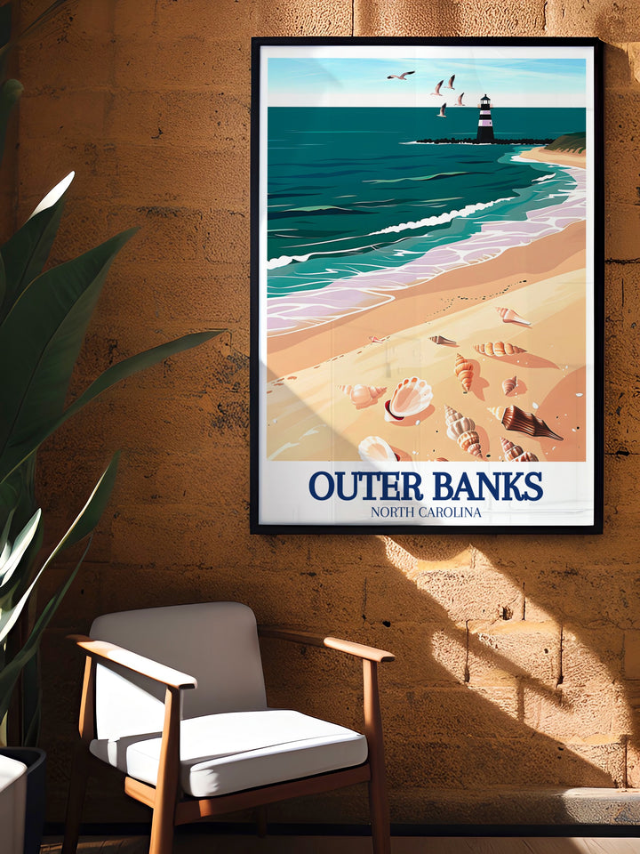 Outer Banks Travel Prints depicting the diverse landscapes and historic landmarks of North Carolinas Outer Banks. These prints bring the adventure of coastal exploration into your home, showcasing the sandy shores, vibrant wildlife, and rich history of this unique region. Perfect for nature lovers and travelers.