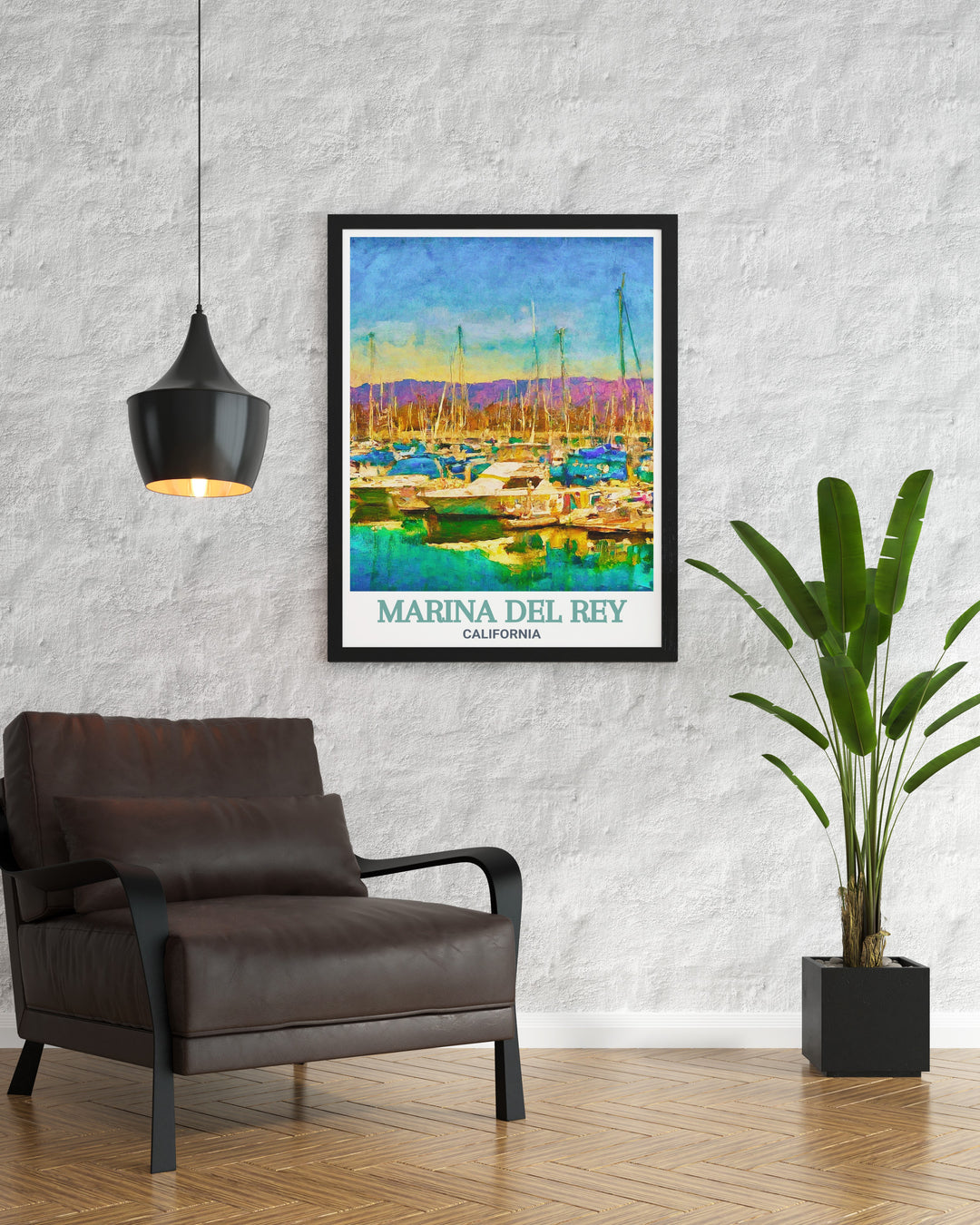 Marina del Rey city map art print showcasing colorful fine line details perfect for adding a pop of color to your home. Marina del Rey Harbor adds a serene coastal touch to this elegant wall art which works as both decor and a great gift option.