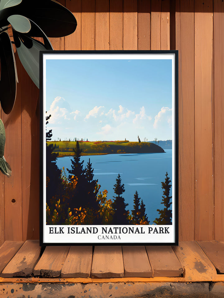 Astotin Lake travel print from Elk Island National Park, capturing the peaceful ambiance of the lake surrounded by rich forests. This Canadian wall art is ideal for those who cherish the tranquility of nature and the beauty of national parks.