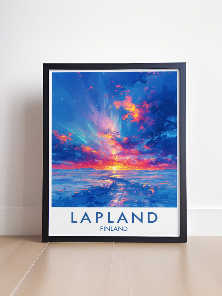 Finland Travel Print featuring the breathtaking Northern Lights over a ski resort perfect for those who love winter sports and natural wonders creating a stunning piece of wall art for any space.