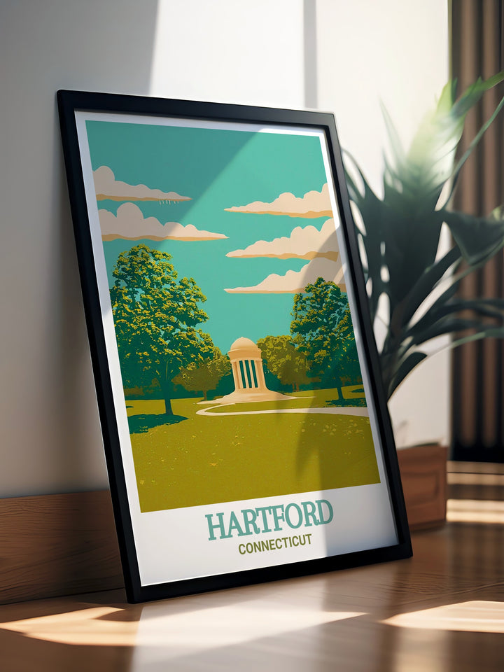 Bushnell Park modern art print showcasing Hartfords iconic landmarks with a fine line design. Perfect for gifting or enhancing your own decor this Hartford wall art brings the vibrant energy of the city into your living space with a splash of color.