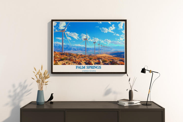 Elegant Palm Springs Windmills Framed Print showcasing the unique beauty of windmills with a desert backdrop perfect for enhancing living spaces and as thoughtful gifts