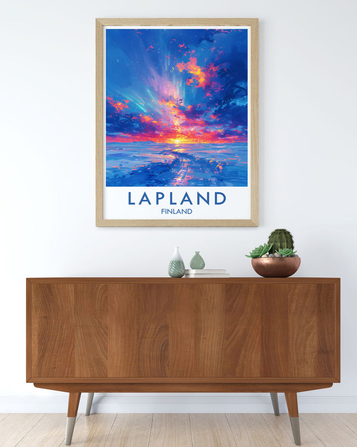 Elegant Northern Lights Vintage Print highlighting the timeless beauty of the aurora borealis over Finland perfect for adding a sophisticated touch to your home decor or as a memorable gift for any occasion.