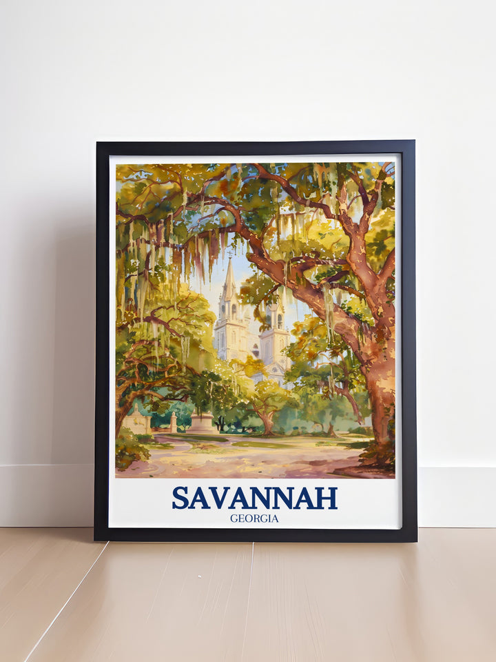 Forsyth Park art print featuring the Cathedral of St. John the Baptist a stunning piece for any home decor collection highlighting the natural beauty and architectural splendor of Savannah South Carolina