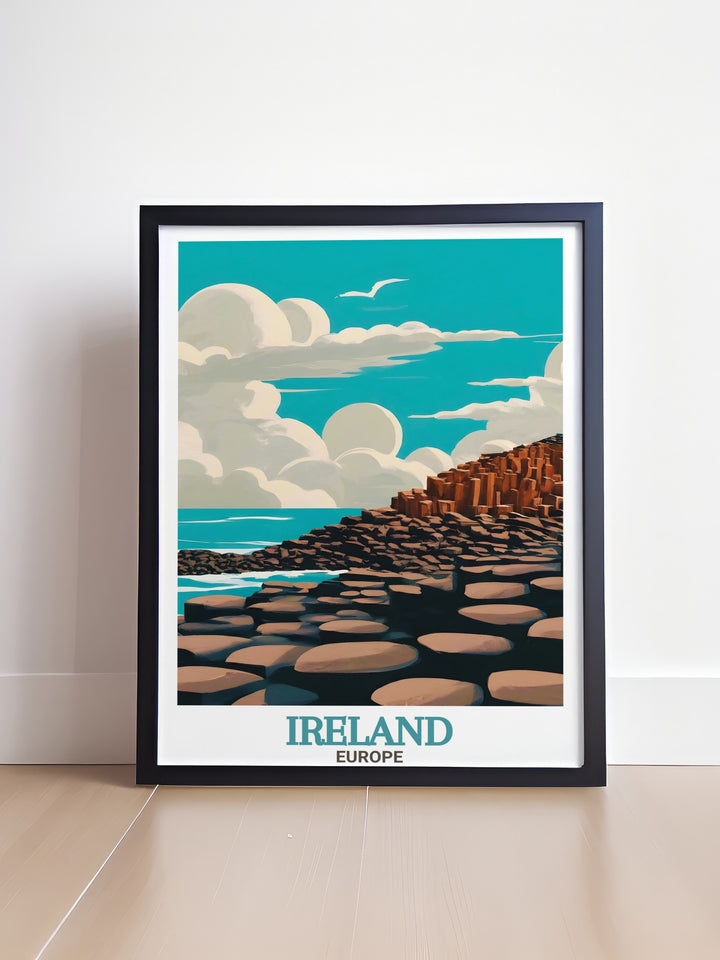 This Ireland poster print beautifully captures the natural wonder of Giants Causeway alongside the vibrant cityscape of Dublin, blending Irelands ancient landscapes and modern urban charm into one stunning piece of artwork.