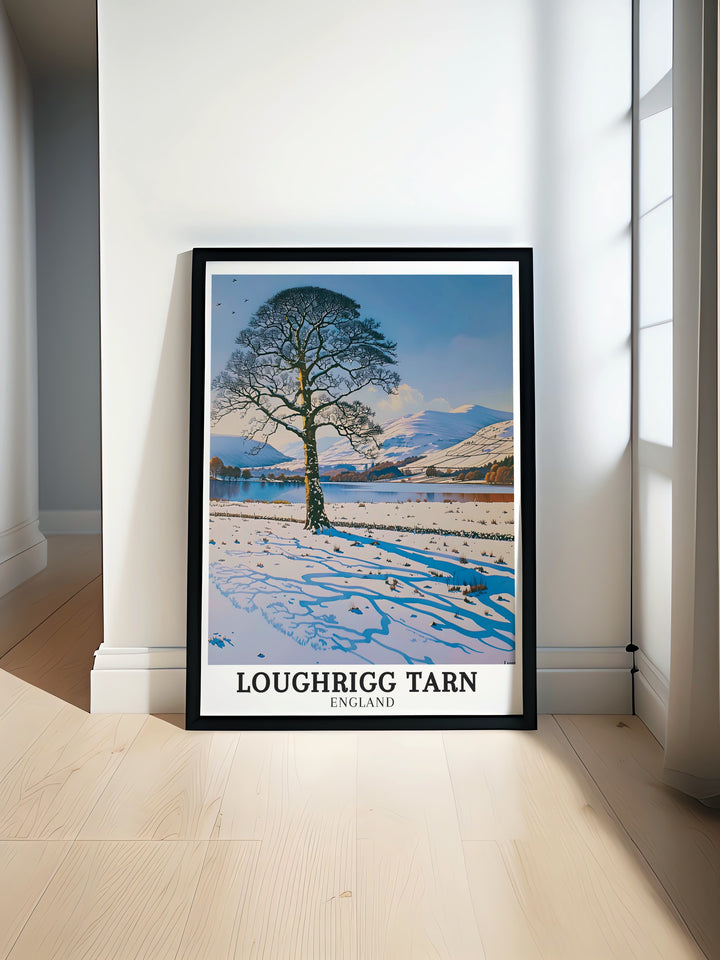 Loughrigg Tarn and Langdale Pikes art deco travel posters showcasing vibrant landscapes and serene waters of Lake District National Park. These framed travel posters are ideal for adding a touch of European elegance to your wall decor. Experience the charm of Lake District National Park through our beautifully crafted art deco travel posters.