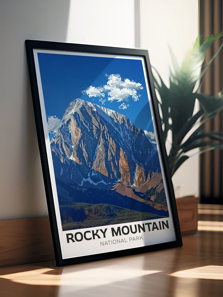 USA travel poster depicting Long Peak in Rocky Mountain National Park perfect for adding a touch of nature to your home or office decor and inspiring your next outdoor adventure