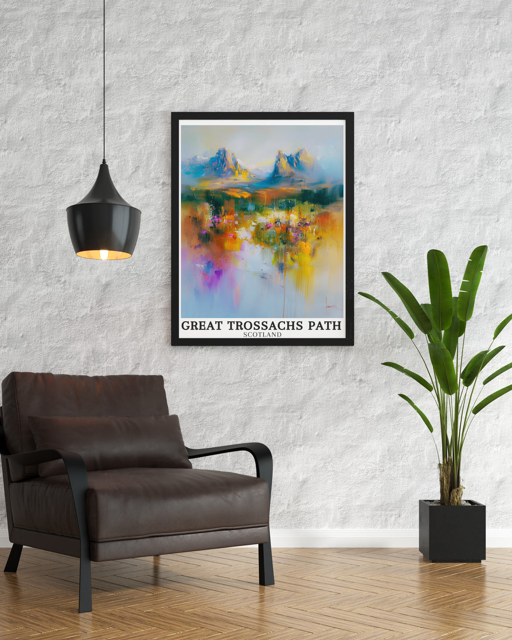 Scottish Highlands landscape art. Capturing the breathtaking views of Scotlands landscapes and the serene beauty of the Trossachs mountains, this scenic art is perfect for anyone looking to enhance their home with the beauty of the Scottish Highlands. Ideal for wall decor.