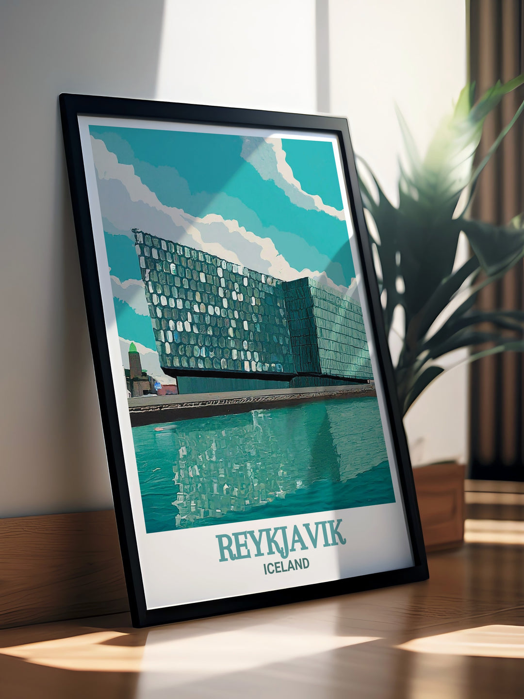 Harpa Concert Hall art print capturing the striking design of Reykjaviks most famous concert hall, with its shimmering glass facade and contemporary style. This home print is perfect for adding a piece of Icelandic culture to your decor.