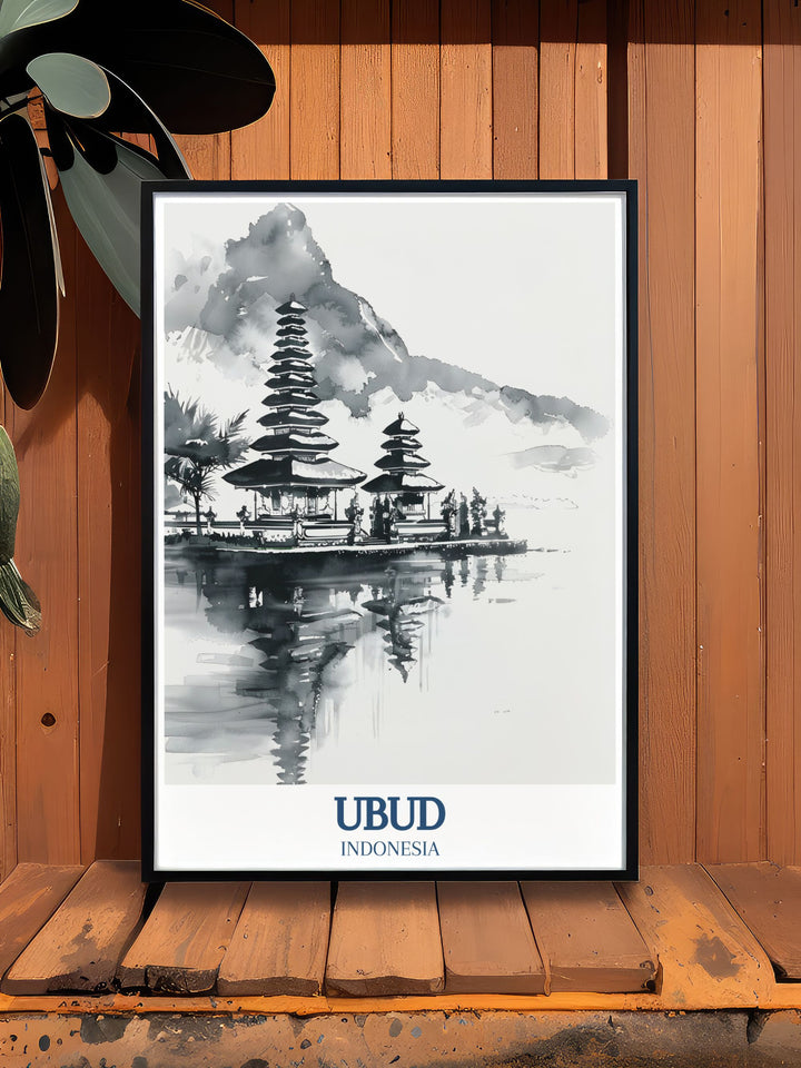 A beautiful Bali wall art piece showcasing Ubuds Pura Ulun Danu Bratan temple and Lake Bratan. This poster brings a serene touch of Balis landscapes into your living space, ideal for those who appreciate travel art and peaceful scenery.