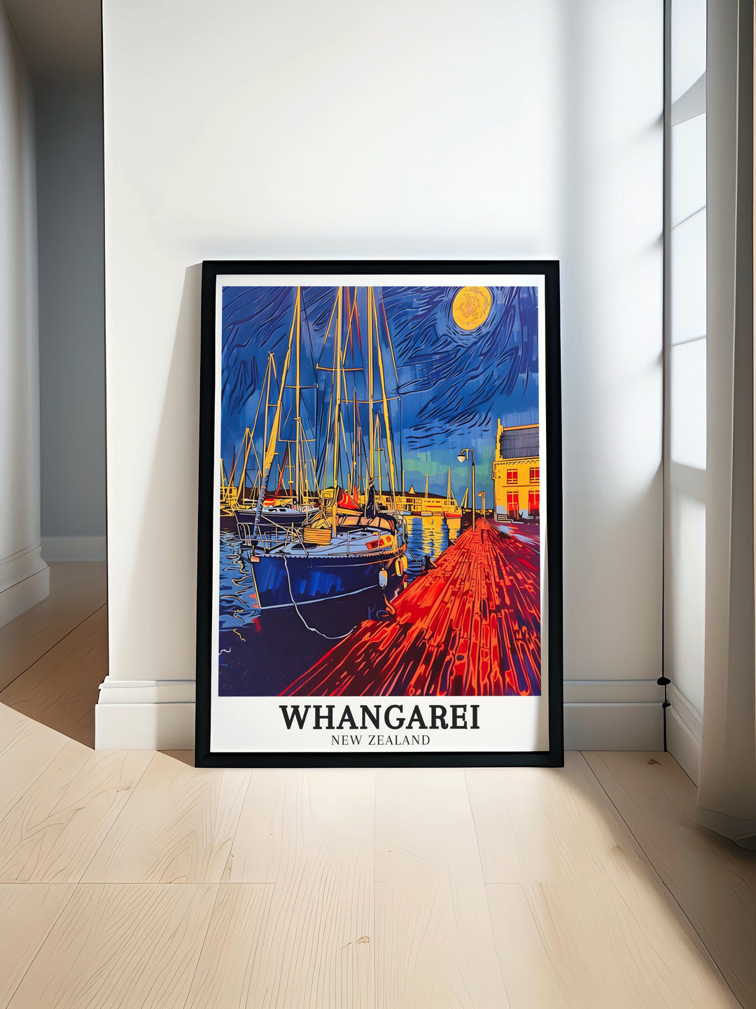 Whangarei Poster featuring the vibrant Town Basin and the peaceful Hatea River. This wall art highlights the diverse beauty of Whangarei, New Zealand, making it an excellent piece for adding a touch of New Zealands natural and cultural richness to your home decor.