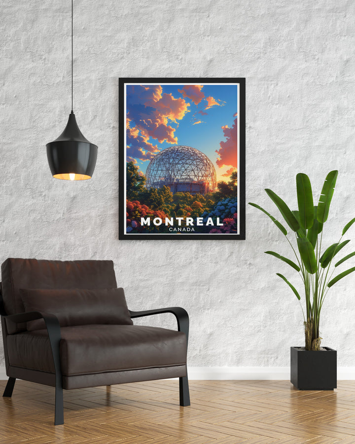 Montreal Poster Print showcasing the iconic BioSphere in Canada. This travel print captures the innovative geodesic dome structure of the BioSphere, making it a perfect addition to any space for those who appreciate architecture and Canadian landmarks.