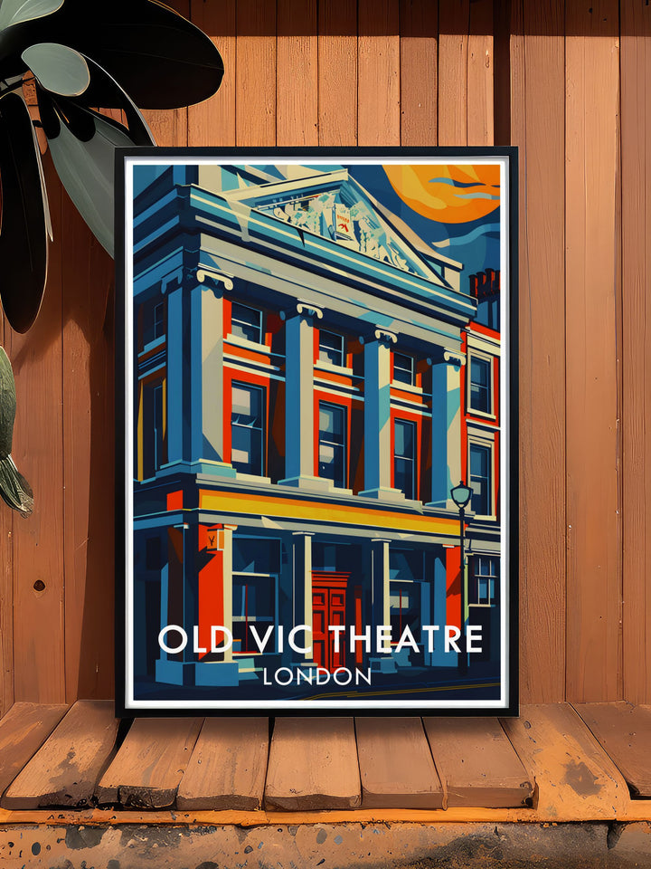 This art deco print of The Old Vic Theatre showcases the iconic London landmarks stunning exterior facade. A perfect piece for theatre lovers, this retro travel poster captures the essence of Londons West End with vibrant colors and timeless design. Ideal for home décor or as a personalized gift.