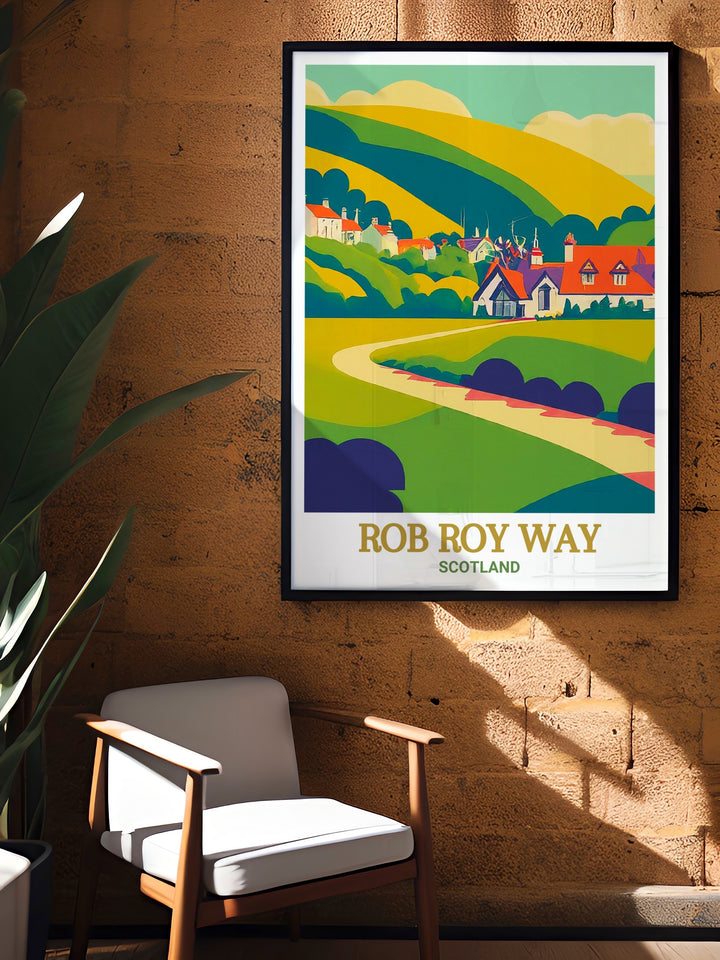 This vibrant wall art celebrates the natural wonders of the Rob Roy Way trail, including stunning views of Loch Tay and the Trossachs. Perfect for hiking enthusiasts or as a meaningful gift, this print captures the essence of Scotlands wilderness.