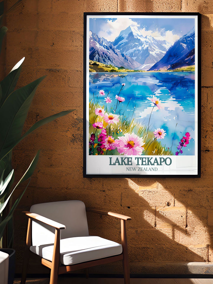 Capturing the grandeur of Mount Cook and the Southern Alps, this travel poster brings the breathtaking beauty of New Zealands highest peak into your living space. Perfect for those who love dramatic and rugged landscapes.