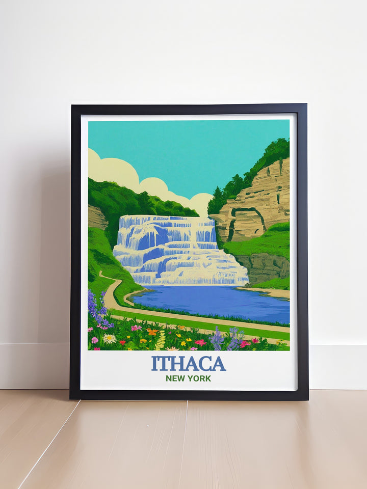 . Captivating Ithaca Falls wall decor featuring the scenic views of this iconic New York State landmark. The vibrant colors and intricate details of this print celebrate the beauty and tranquility of Ithaca Falls, making it a meaningful addition to any living space.