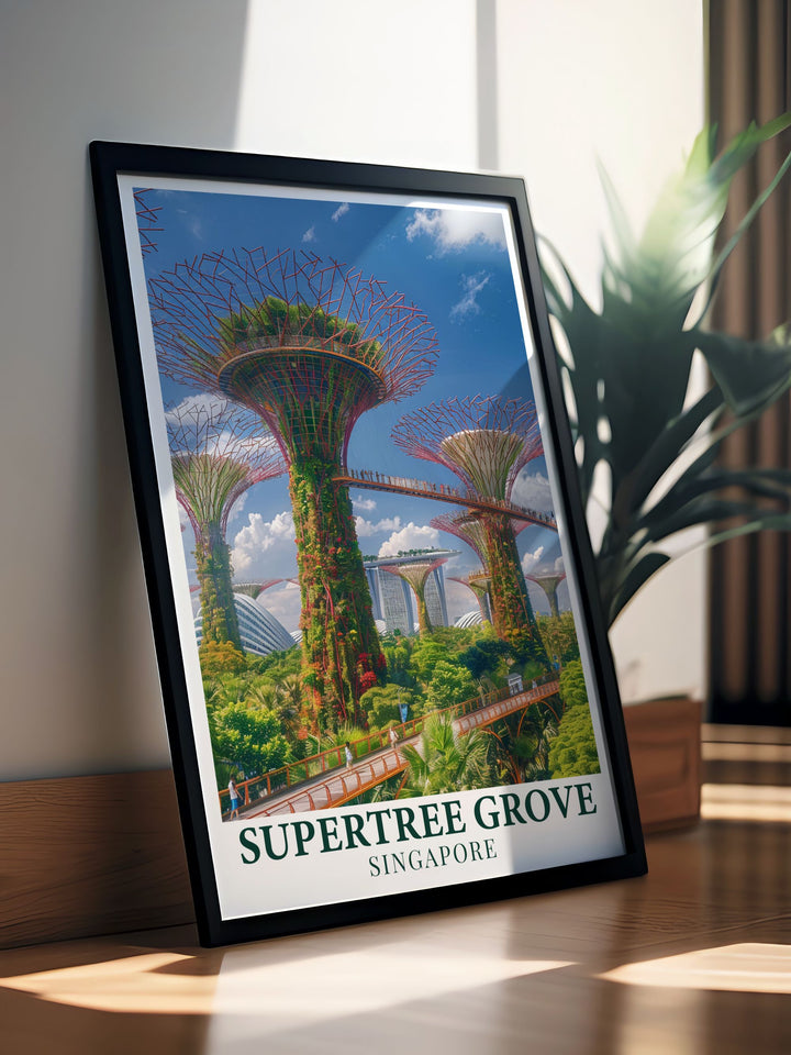 Supertree Grove art print showcasing Singapore in daylight. This Daytime wall art is perfect for modern decor lovers and adds a vibrant splash of color to any room. Ideal as a gift for anyone who appreciates Singapores architectural beauty.