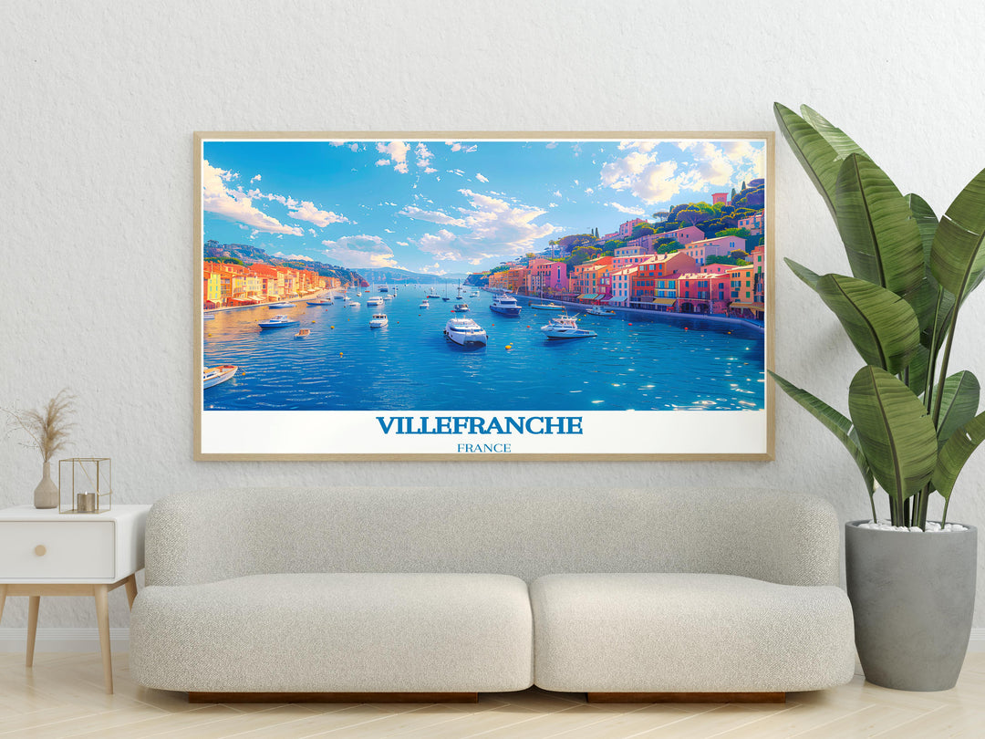 Villefranche sur Mer Harbor wall decor brings the vibrant colors and serene waters of the French Riviera into your home This stunning France travel print is perfect for creating a peaceful atmosphere in any room making it a great addition to your wall art collection or as a unique gift