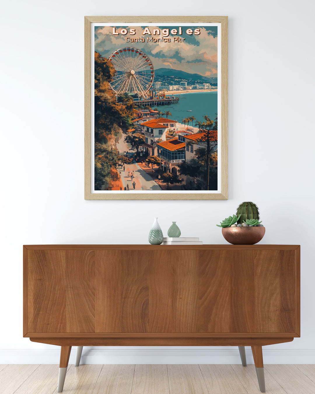 Featuring the charming Santa Monica Pier, this poster showcases the iconic Ferris wheel and vibrant boardwalk, ideal for those who love beachside attractions and coastal views.