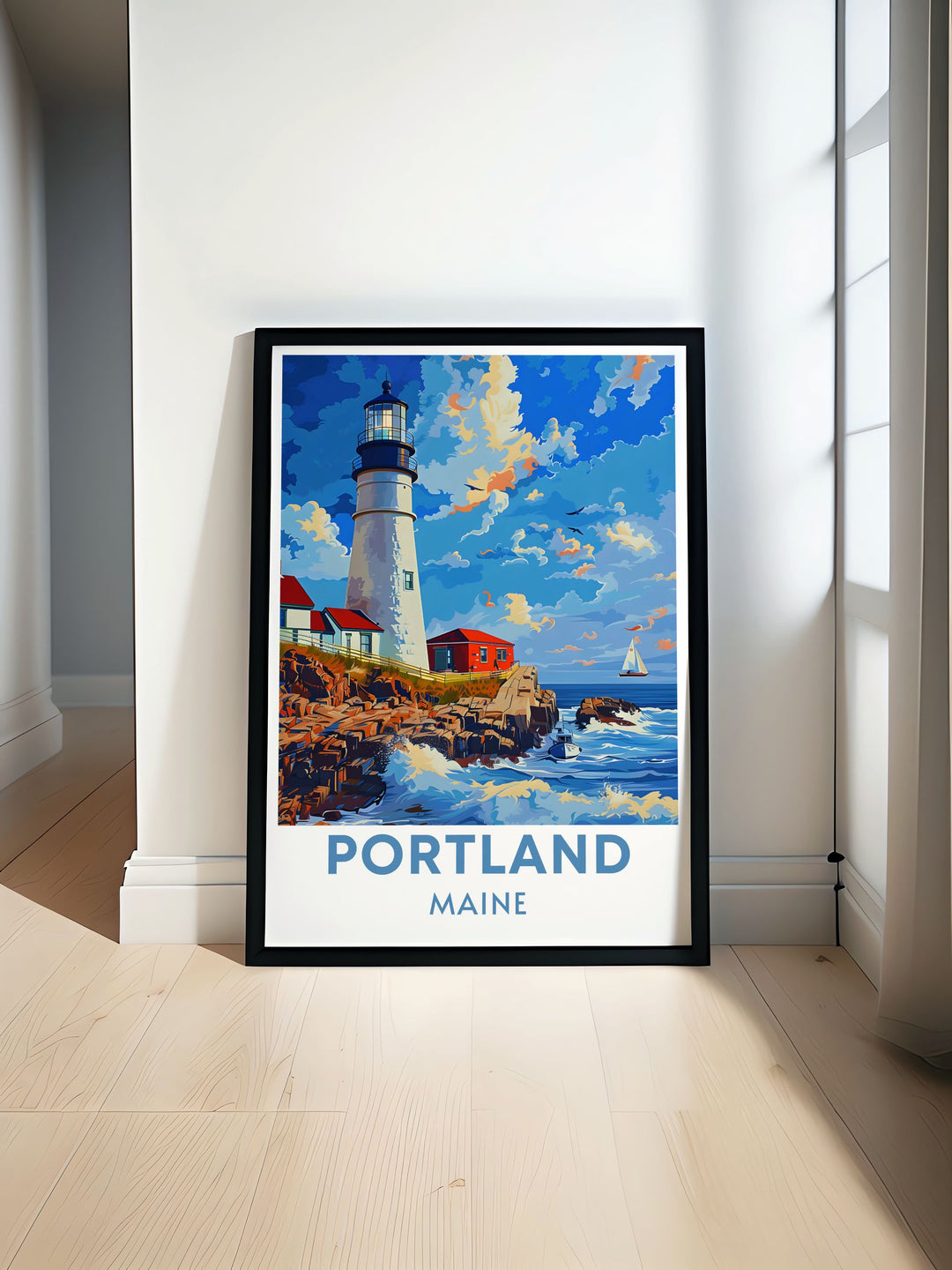Featuring the vibrant streets and historic landmarks of Portland, Maine, this travel poster is perfect for those who appreciate the cultural and historical richness of this coastal city.