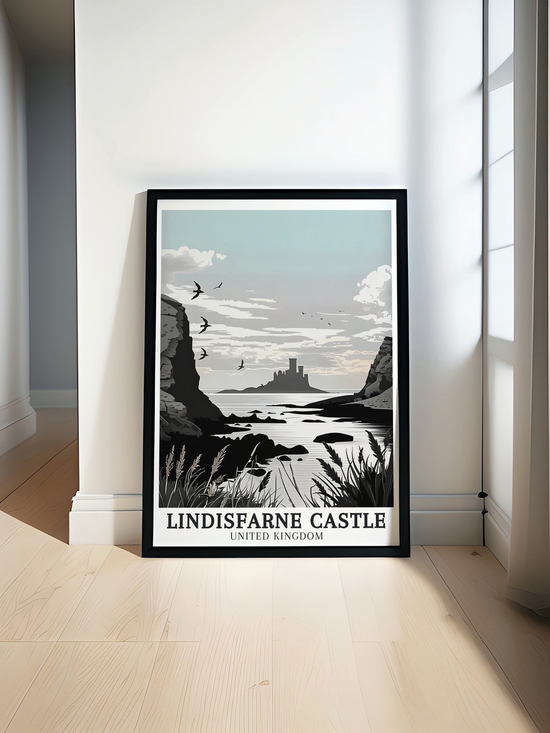 Lindisfarne Castle Poster Print highlighting the majestic castle on Holy Island with the North Sea in the background. This detailed print captures the rugged beauty and historical significance of one of Northumberlands most iconic landmarks, perfect for any home or office decor.