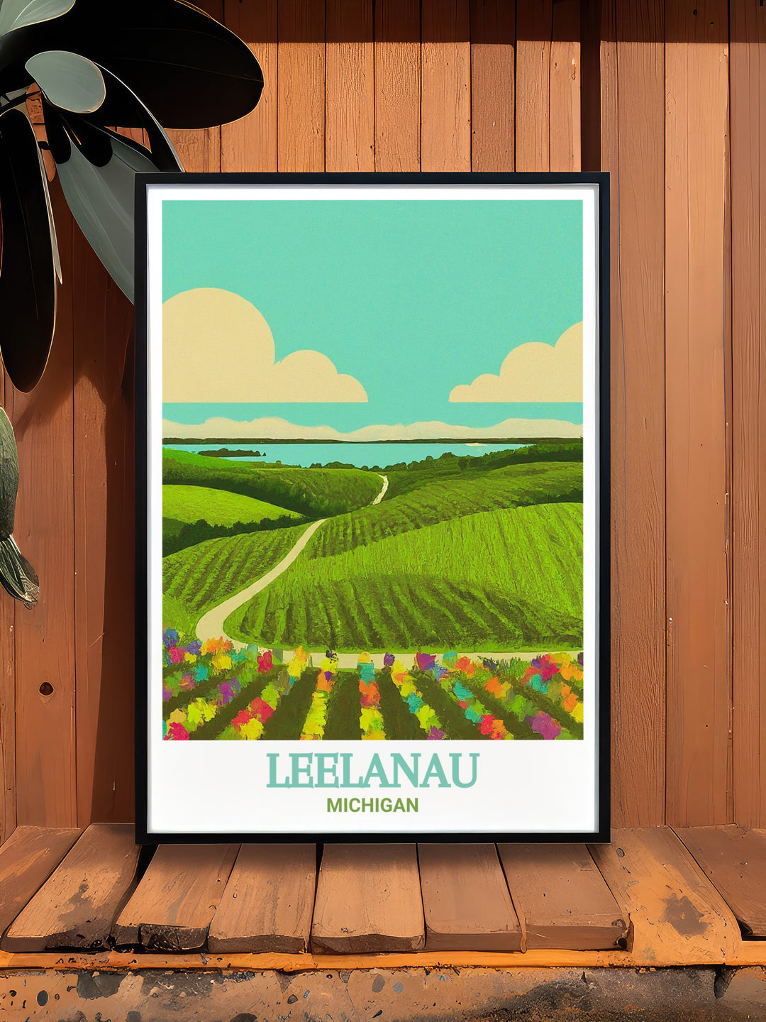 Leelanau Wine Trail Framed Art presenting a detailed view of Michigans wine country, with its lush vineyards and stunning lake views. This framed art adds a sophisticated touch to any room, perfect for those who appreciate the charm and elegance of Michigans Leelanau region.