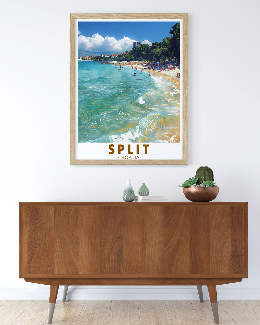 The vibrant beach and historic significance of Split are depicted in this travel poster, showcasing the natural beauty and cultural richness that define Croatia.