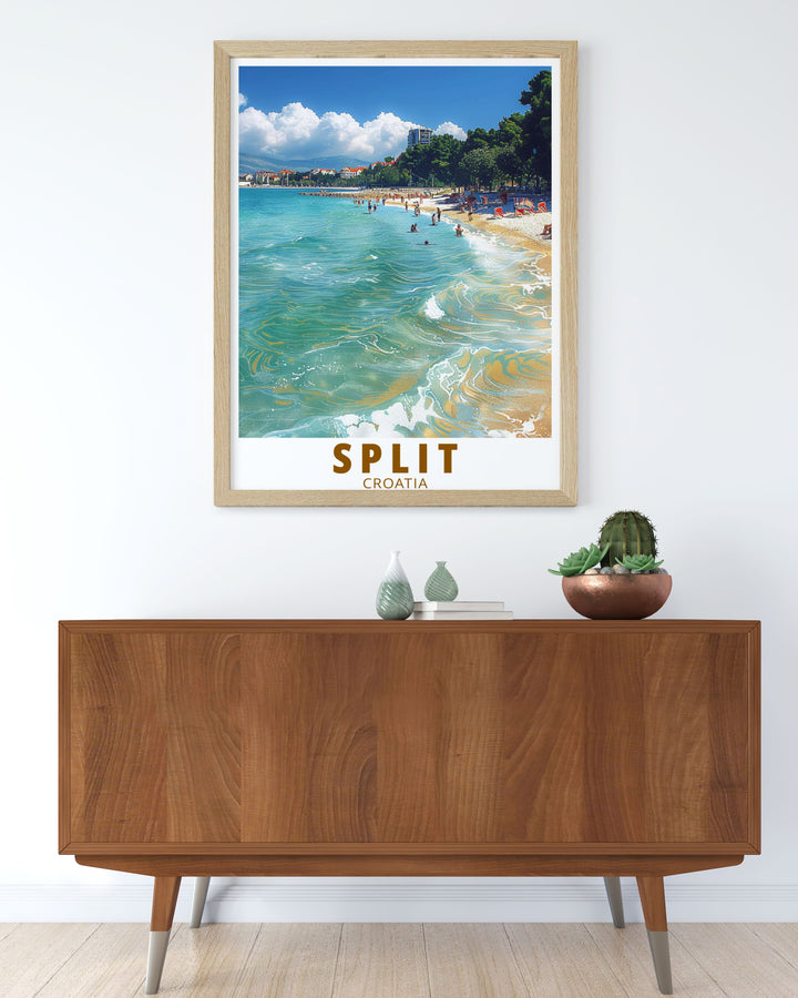 The Split Canvas Art brings Croatias iconic landmarks and Bavice Beach to life in your home. This travel poster features vibrant colors and intricate details that capture the magic of Split. A must have for those who love Croatia or want a unique piece of artwork that tells a story.