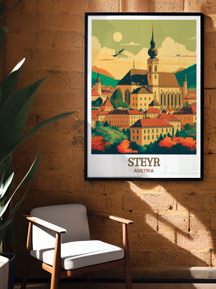 Enhance your home decor with this Austria framed art featuring Steyrs Stadtpfarrkirche. The artwork is a testament to the enduring beauty of Austrian architecture, making it a perfect gift for history enthusiasts.