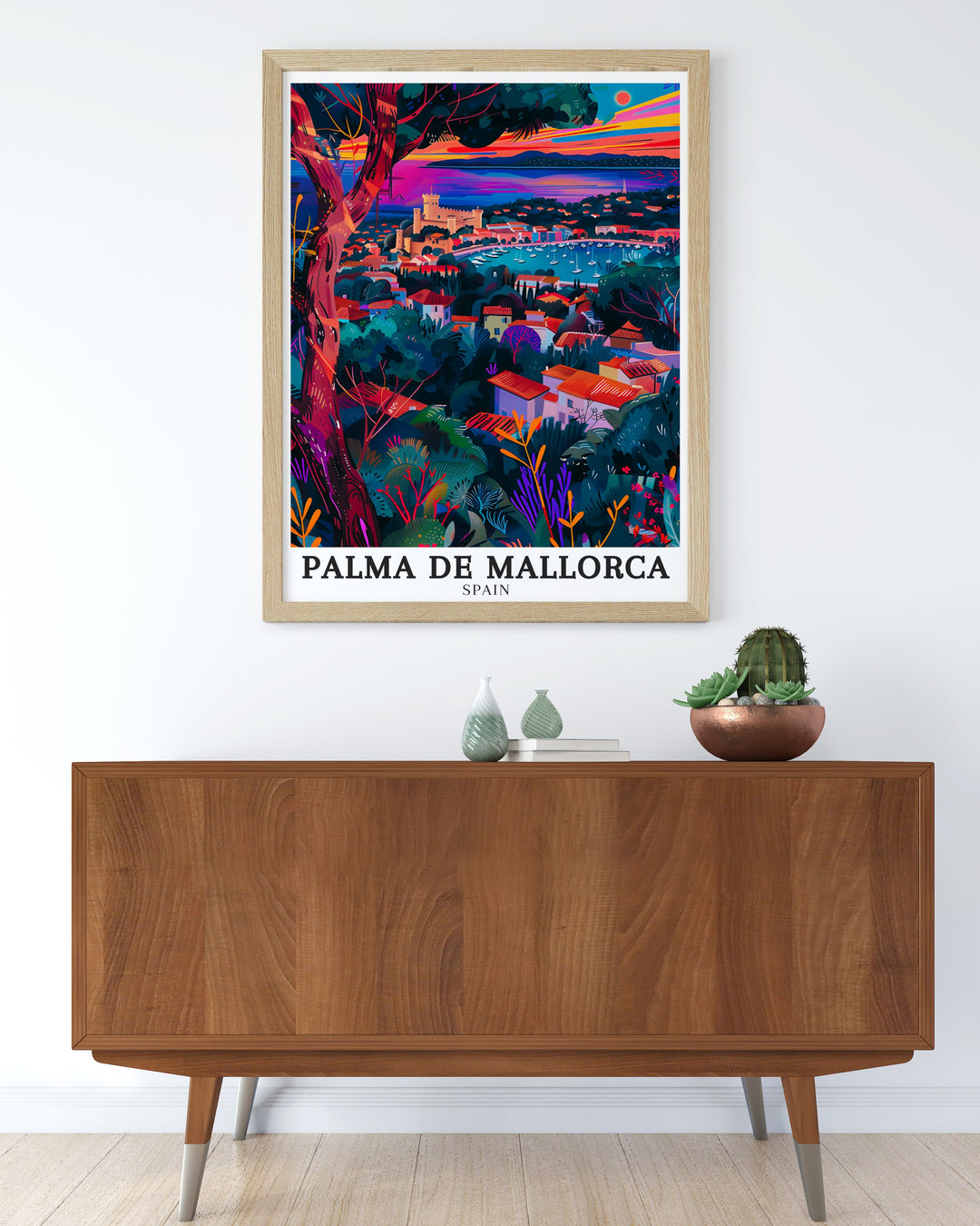 High quality Palma de Mallorca poster featuring Bellver Castle and the vibrant Palma Bay. The print highlights the castles unique circular design and the lively atmosphere of the bay, making it an ideal addition to any Spain wall art collection