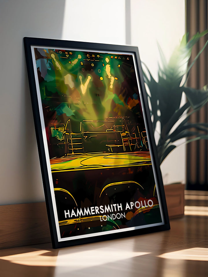This detailed illustration of Hammersmith Apollo offers a captivating view of its legendary stage, making it an ideal piece for those who appreciate Londons rich musical history.